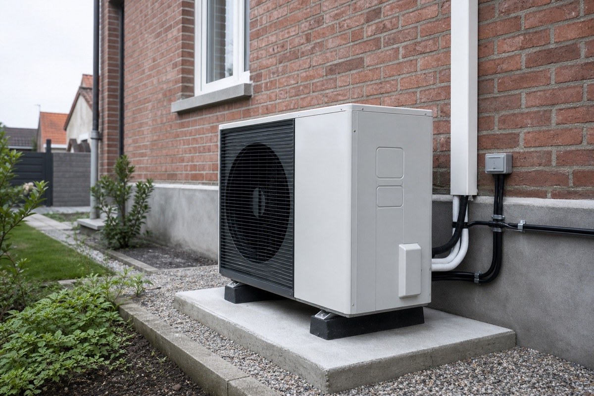 Unité extérieure de climatisation installée sur la façade ensoleillée d'un logement de la région Hauts-de-France