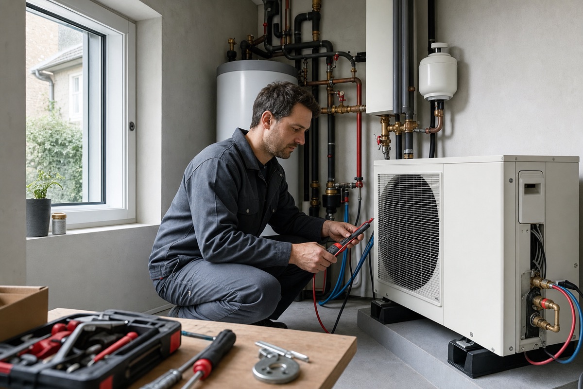 Technicien intervenant sur une unité de climatisation devant une maison de la région Hauts-de-France
